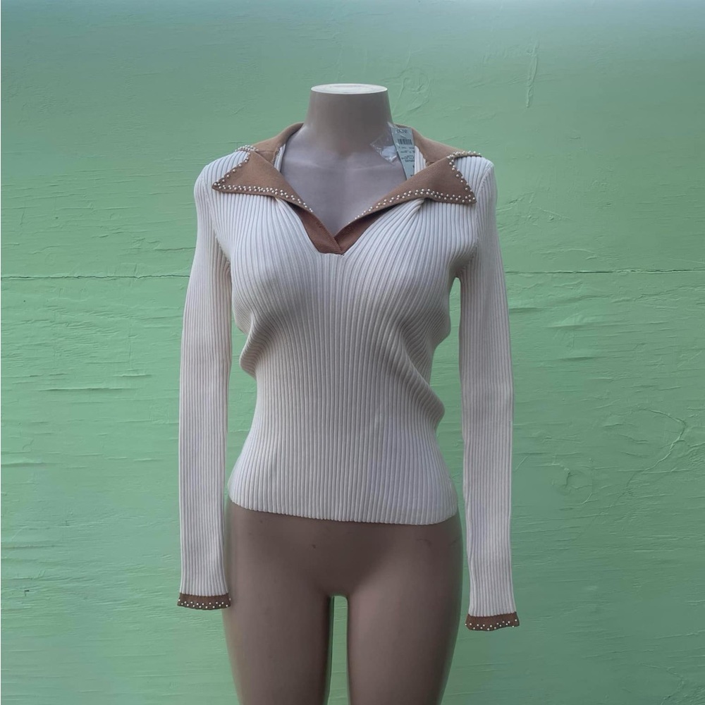 Cache Cream and Brown Pearl-Embellished Sweater